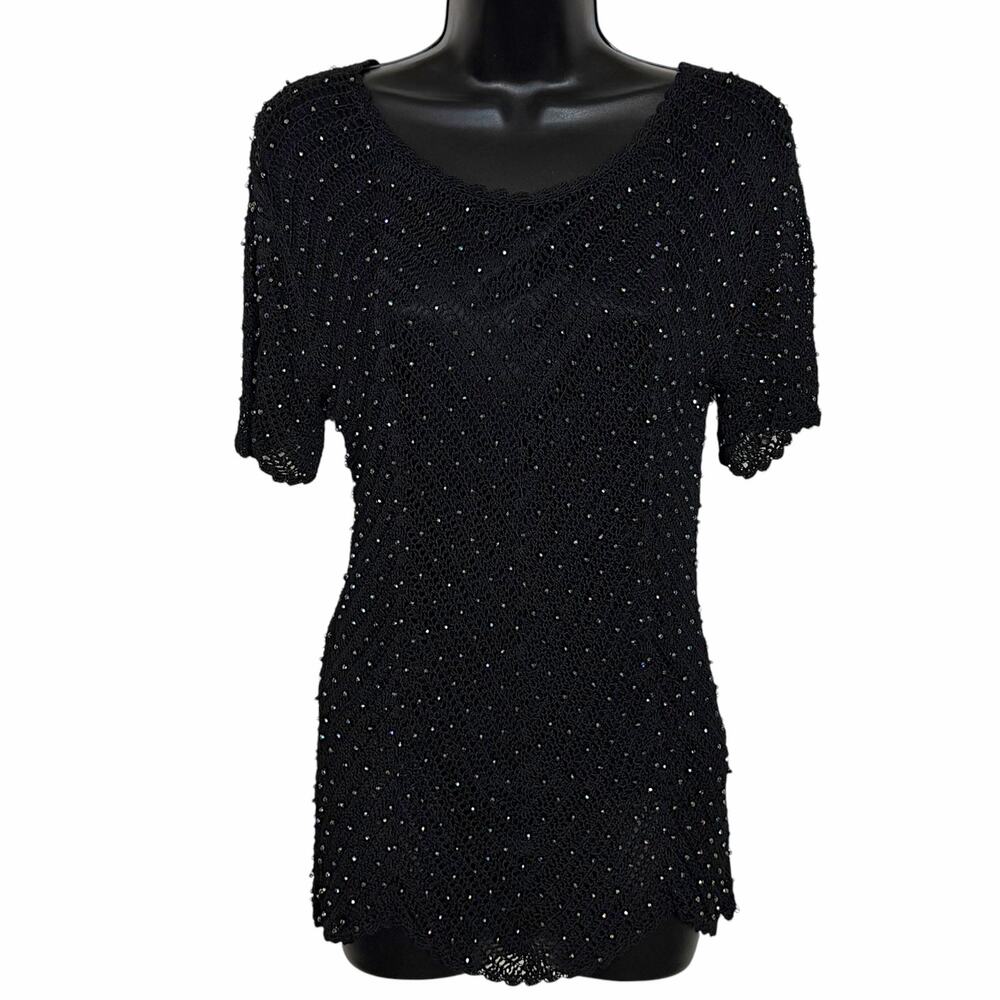 Vtg 90s Sophie Chang Studio Beaded Top L Rayon Knit Crochet Chevron Glam Party